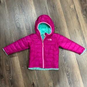 The North Face Reversible Hood Puffer Fluffy Fuzzy Jacket Coat Toddler Fushia